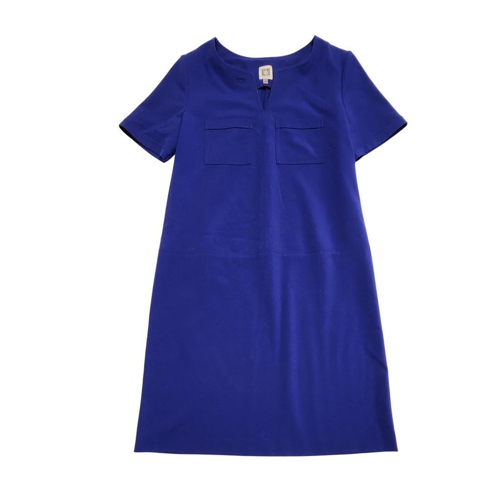 Anne Klein Shift Dress Split Neck Short Sleeve Pockets Royal Blue Womens Size 4